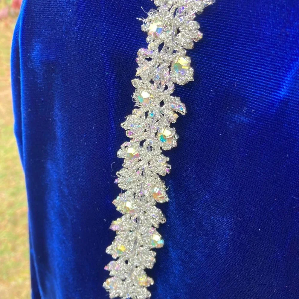 vintage 70s dress 1970s long sleeve velvet deep blue rhinestone glitter | S-M | - Picture 5 of 9
